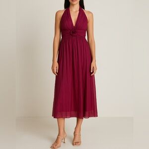 Vintage 90s y2K party silk red‎ halter ruched midi dress size 6 kay unger prom